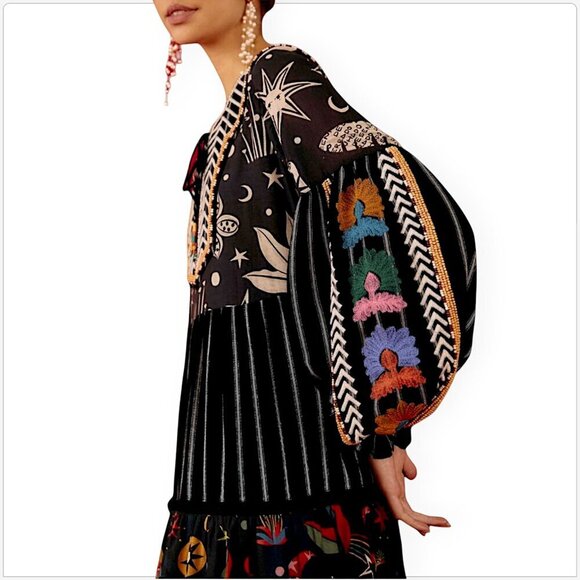Farm Rio Long Black Mixed Prints Embroidered Maxi Dress Bohemian Boho NEW NWOT S - Picture 3 of 10